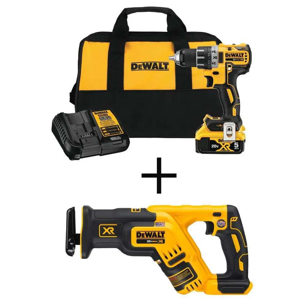 DEWALT 20V MAX XR Cordless Brushless 12 in. DrillDriver 20V Li-Ion Compact Recip Saw (1) 20V 5.0Ah Battery Charger  Bag DCD791P1WDCS367