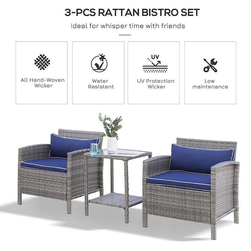 Outsunny 3 Pcs Rattan Wicker Bistro Set with Soft Cushions， Outdoor Conversation Coffee Sets with Glass Table Top and Open Storage Shelf for Patio， Backyard， Garden， Blue