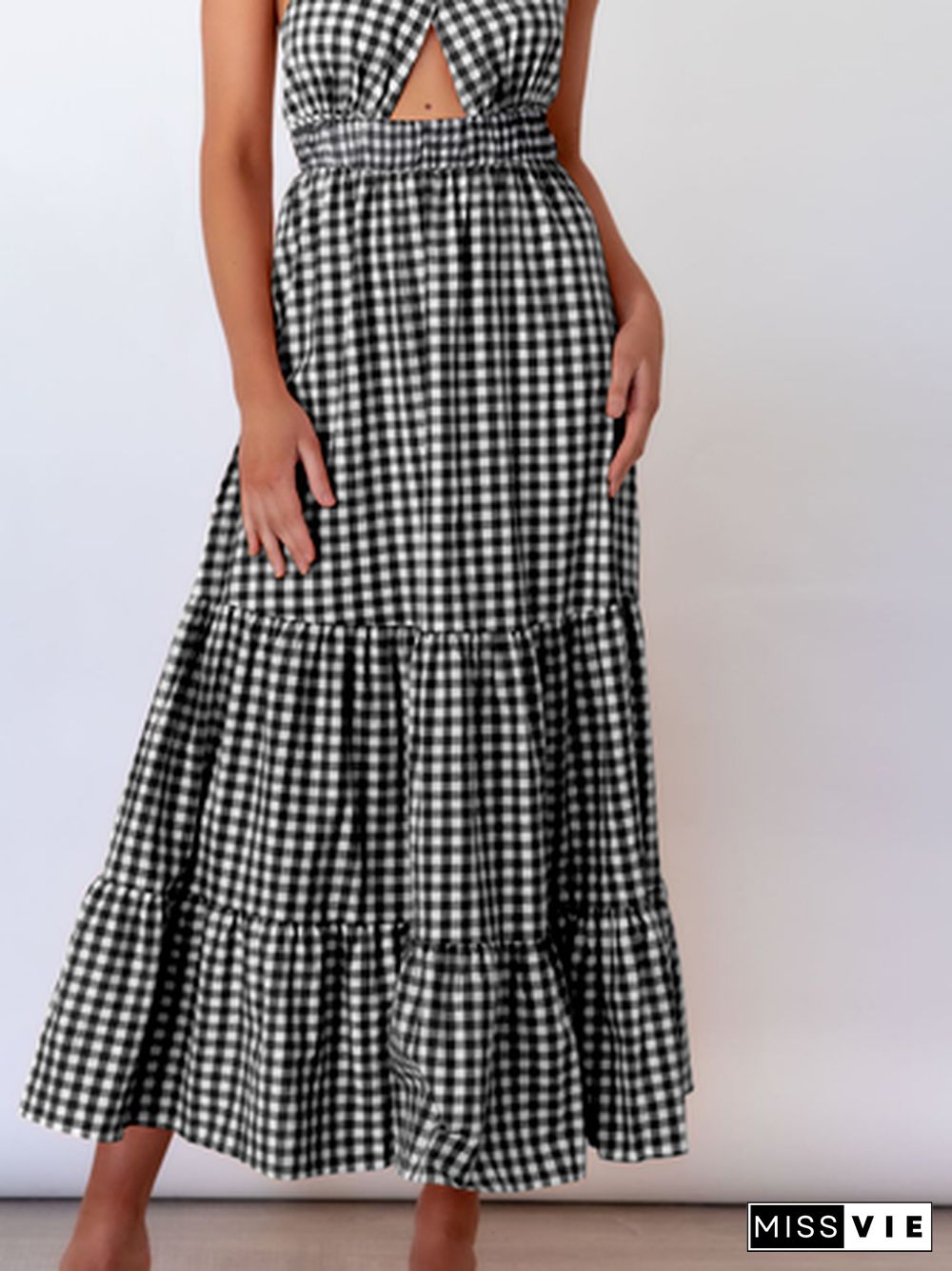 Checked/Plaid Casual Halter Short sleeve Woven Dress