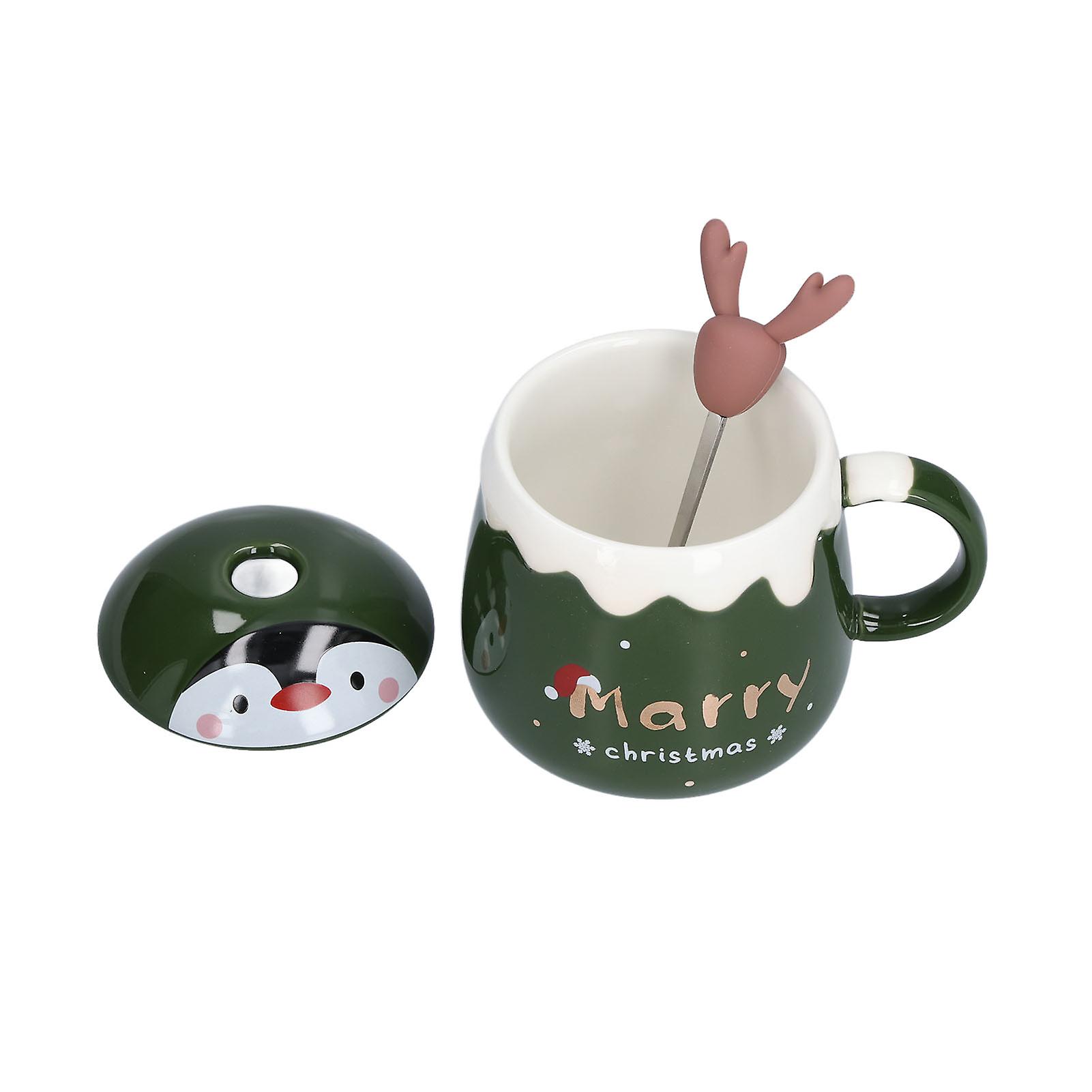 450ml Christmas Cup Cute Elk Coffee Mug Ceramic Tea Milk Cup with Lid Spoon for OfficeType B Green