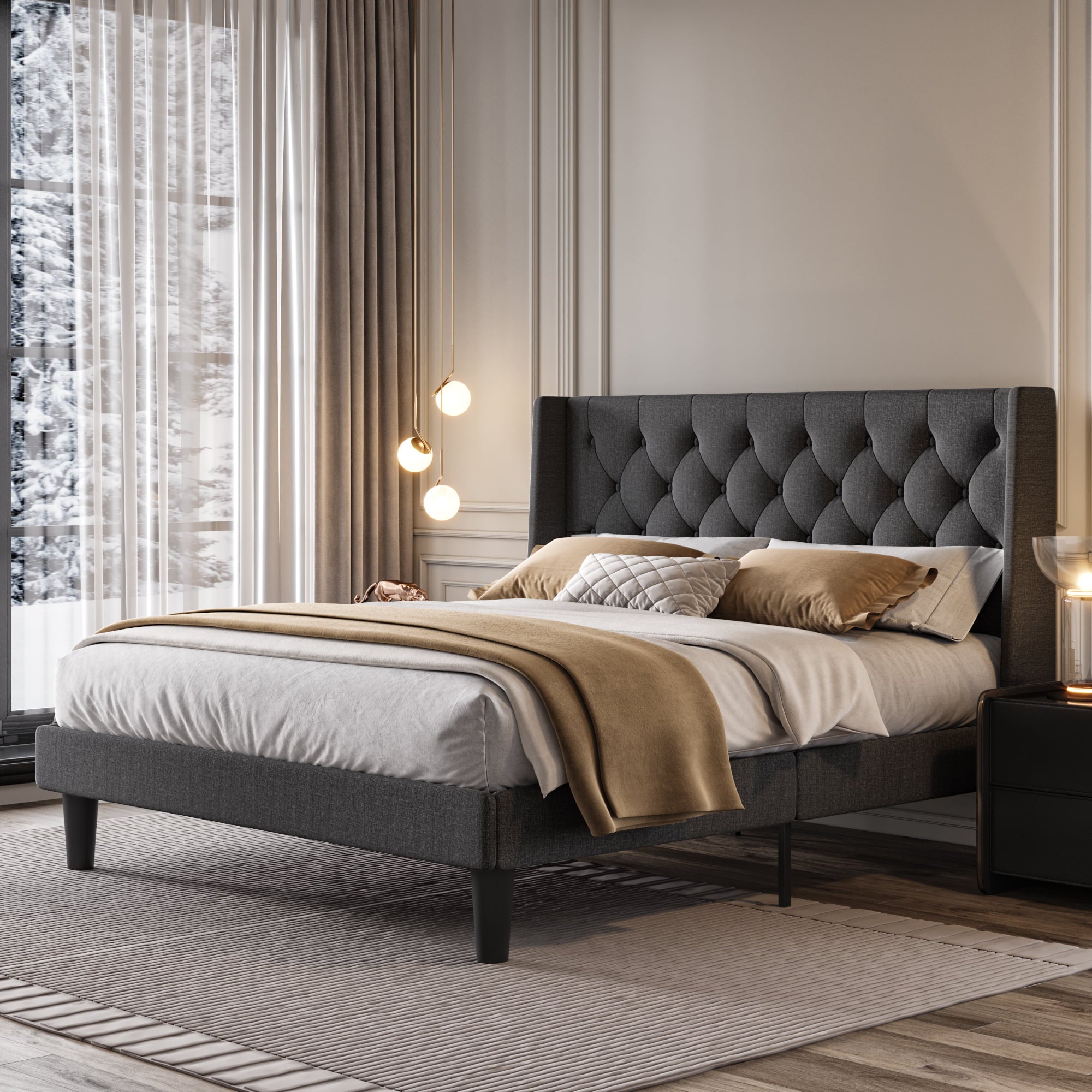 SHA CERLIN Queen Platform Bed Frame with Wingback and Button Tufted Headboard, Dark Grey