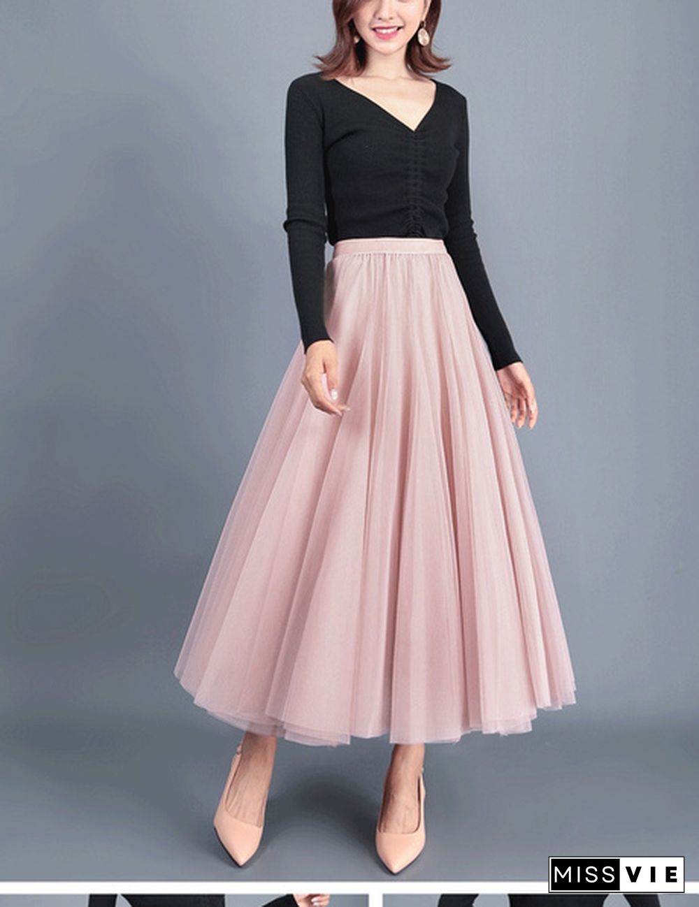 Tulle Skirts Womens Midi Pleated Skirt Black Pink Tulle Skirt Women Spring Summer Korean Elastic High Waist Mesh Tutu Skirt