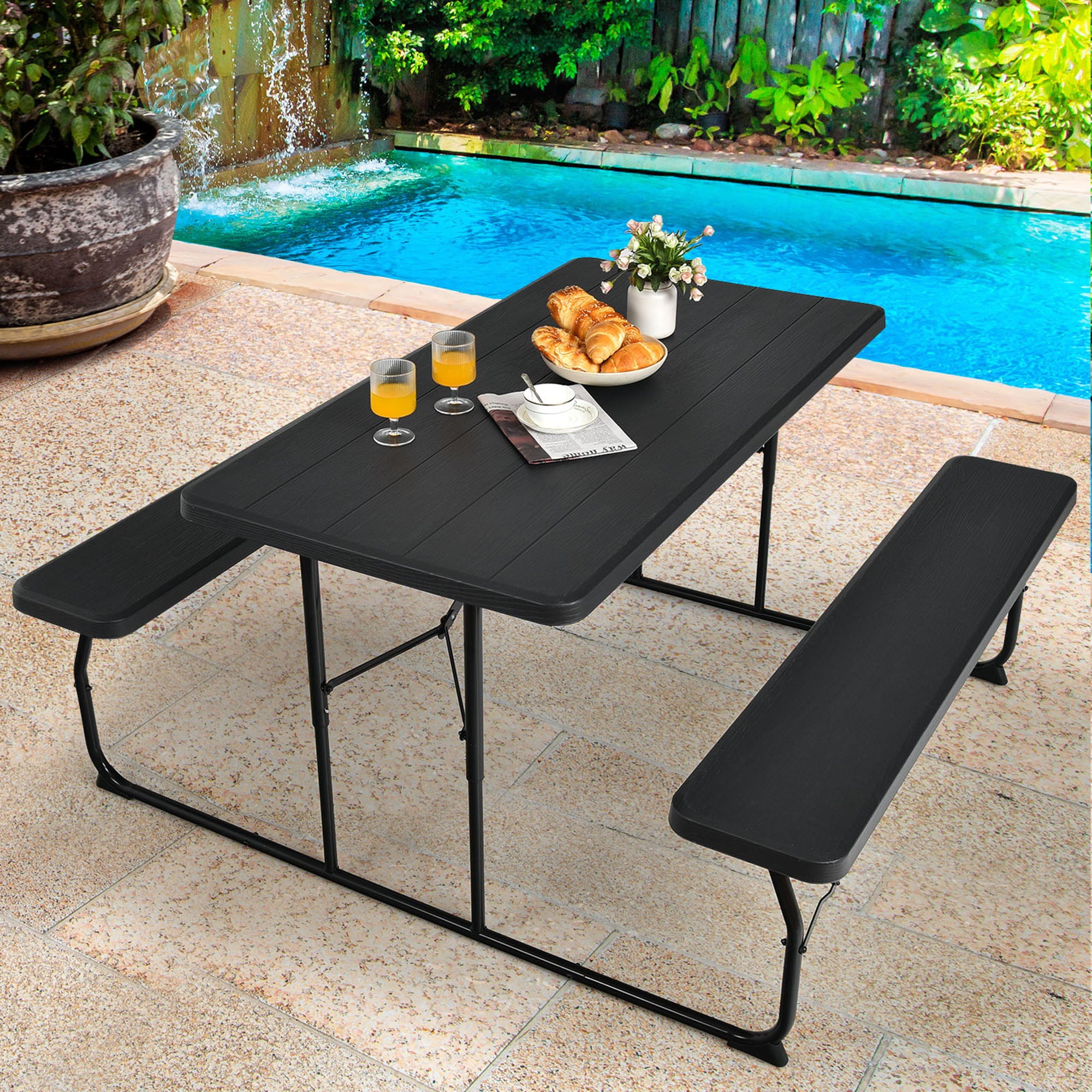 Gymax Folding Picnic Table and Bench Set for Camping BBQ w/ Steel Frame Black