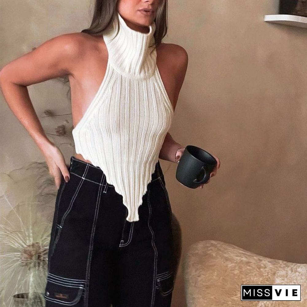 High Street Turtleneck Sexy Tank Tops Fashion Clothes Summer New Hollow Out Irregular Sexy Backless Women Knitted Vest