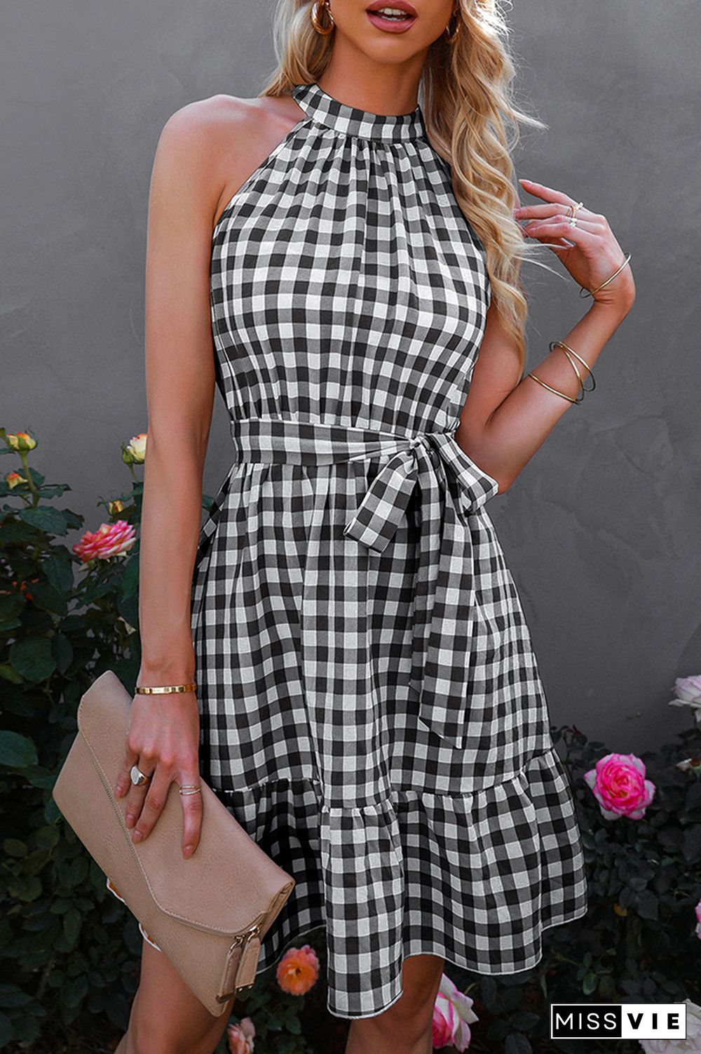 Halter Sleeveless Plaid Midi Dress Wholesale