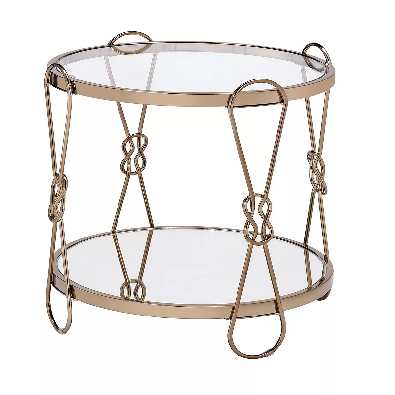 Metal End Table with Mirrored Top and 1 Bottom shelf， Gold and Clear