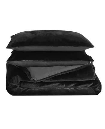 Betsey Johnson Solid Black Faux Fur 2 Piece Duvet Cover Set， Twin