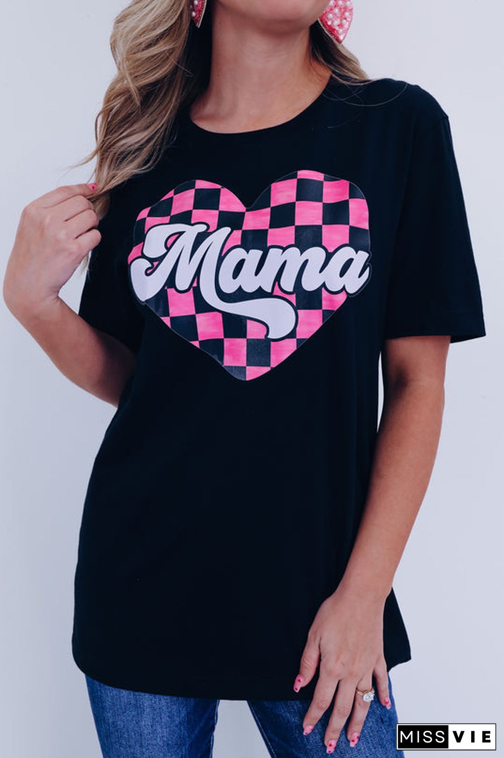 Black Mama Checkered Heart Shape Print Crewneck T Shirt