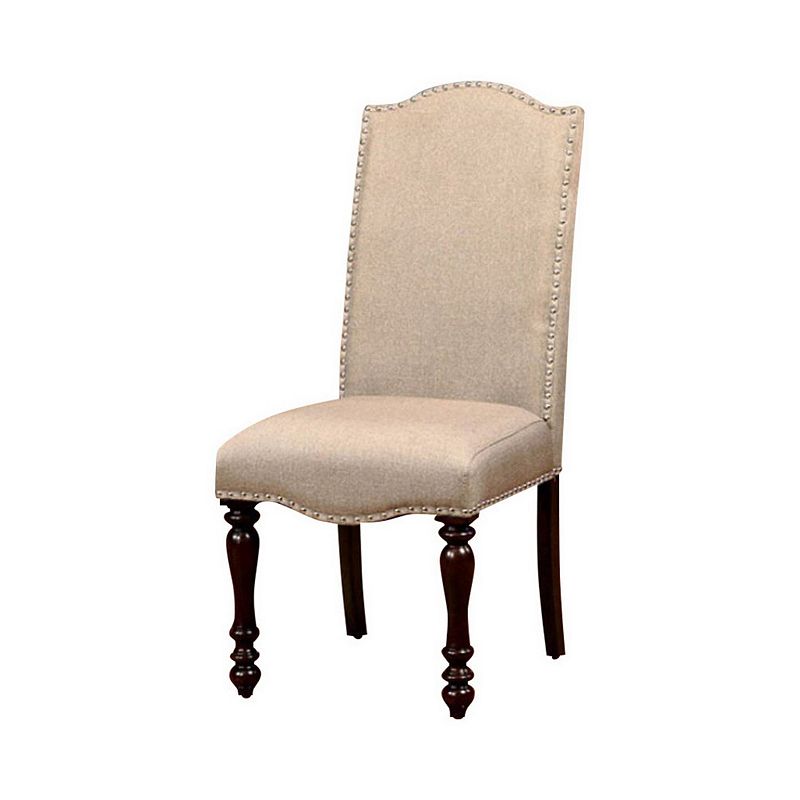 18 Inch Dining Chair， Beige Linen Fabric， Rich Brown Wood， Turned Legs