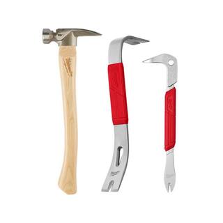 MW 19 oz. Wood Milled Face Hickory Framing Hammer with 12 in. Pry Bar and 9 in. Nail Puller with Dimpler (3-Piece) 48-22-9419-48-22-9034-48-22-9030