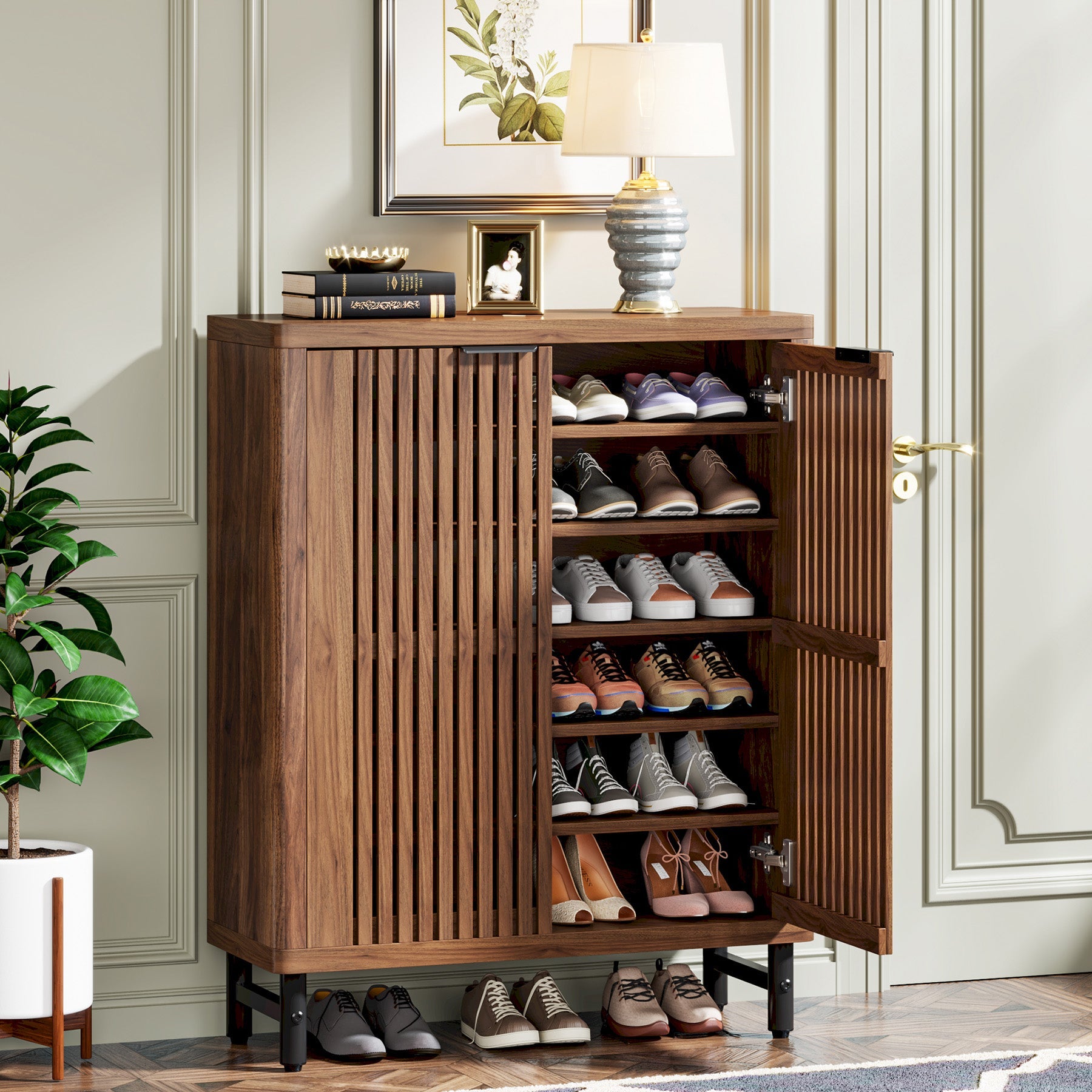 6-Tier Wooden Shoe Cabinet with Louvered Doors & Adjustable Shelves