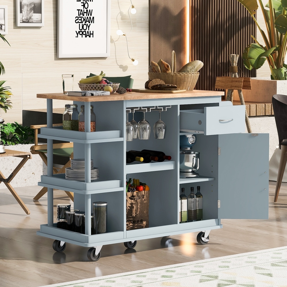 Kitchen Cart Cabinet with Wood Top and Adjustable Storage Shelves