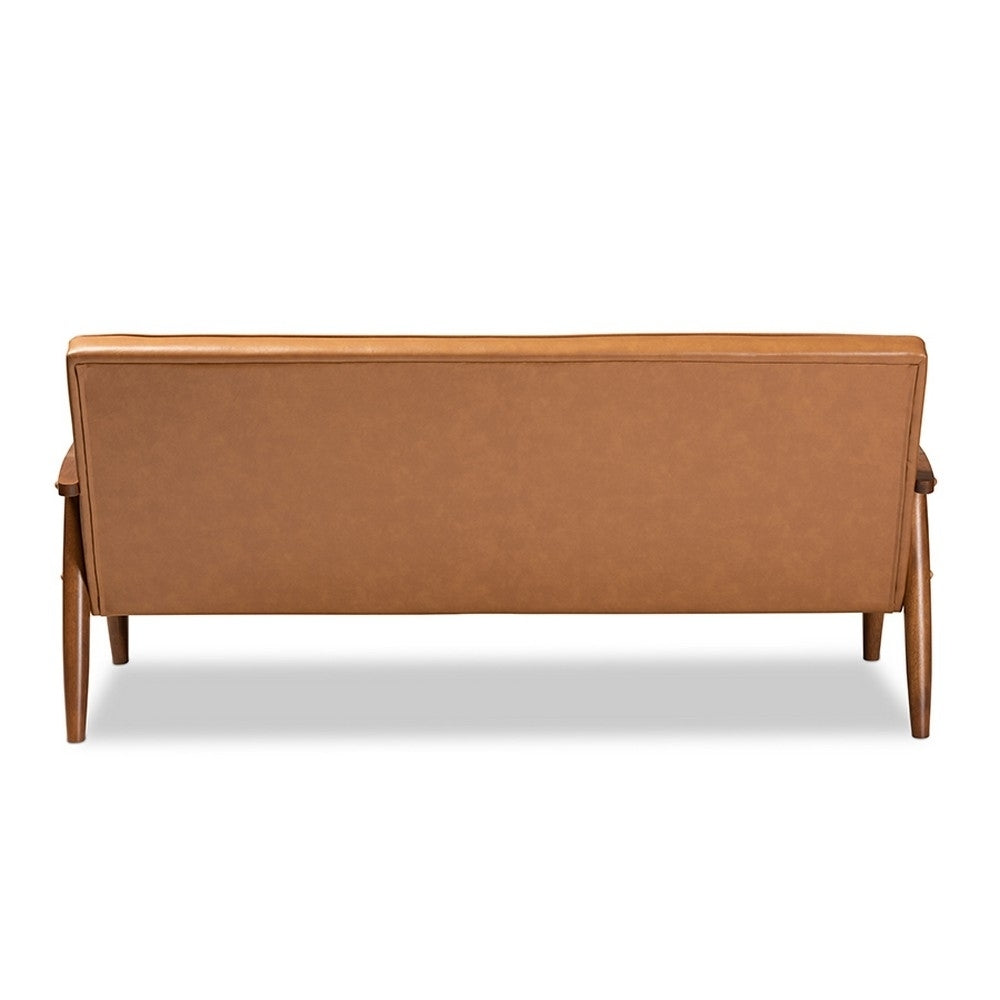 Sorrento Mid-Century Modern Tan Faux Leather Upholstered and Walnut Brown Finished Wood Sofa