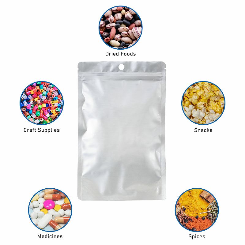 Stand Up Pouches， Resealable Food Storage Bags， Zipper Closure， Multiple sizes with Hang Hole， 100 pcs， 4 x 6