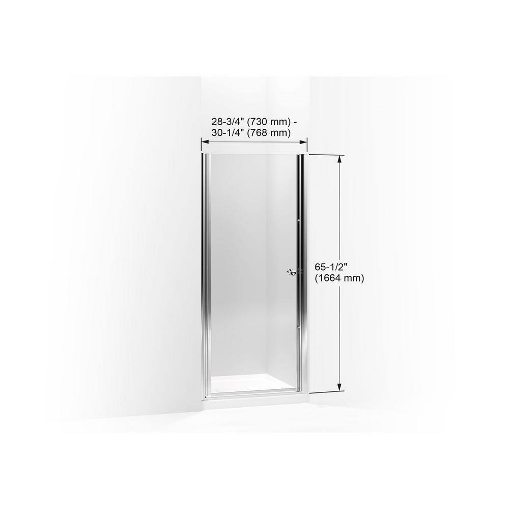 KOHLER Revel 36 in. W x 70 in. H Frameless Pivot Shower Door in Bright Polished Silver with Handle 707510-L-SHP