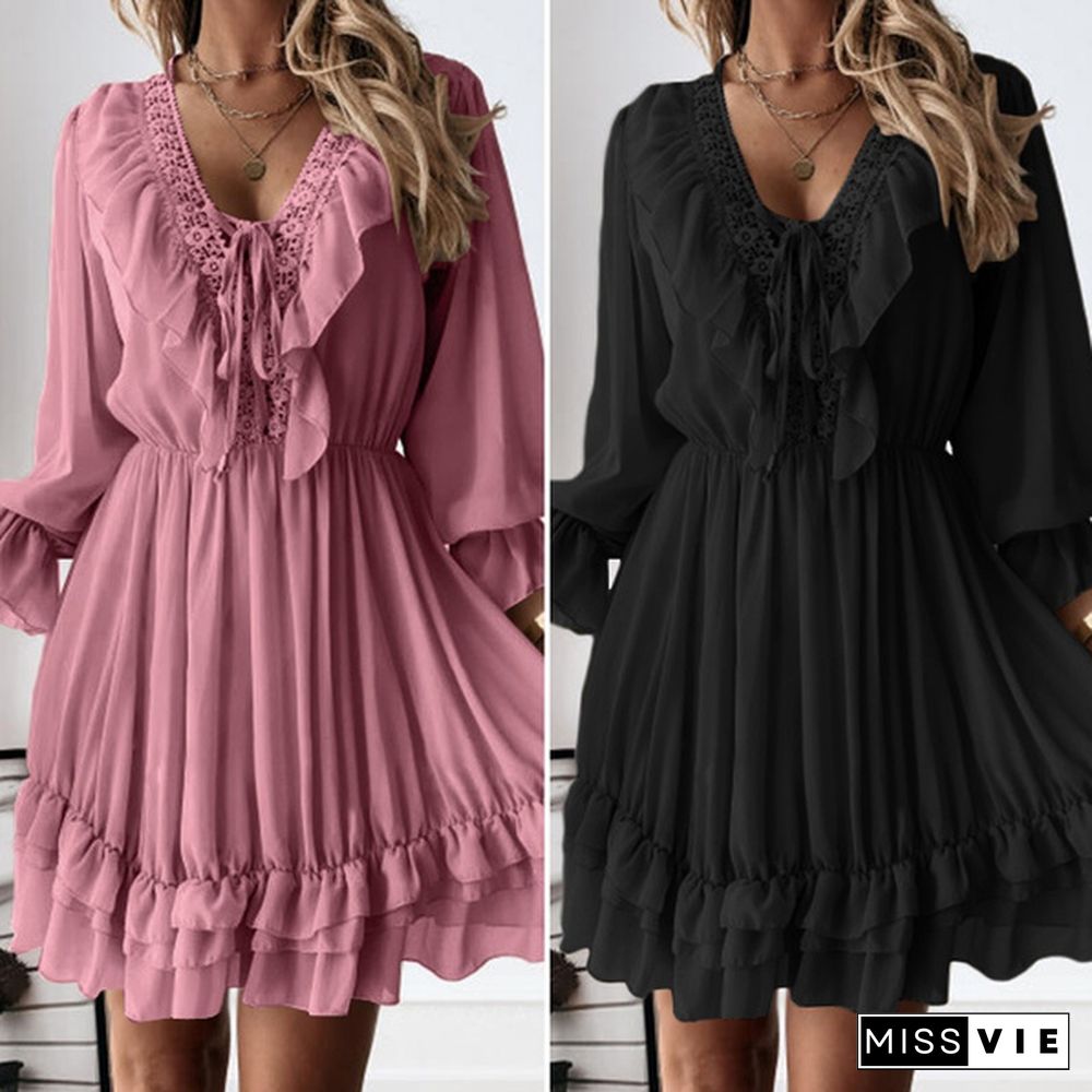 Women Long Sleeve Holiday Pleated Mini Dresses Sexy Deep V Neck Evening Party Tunic Dress Vestidos Plus Size