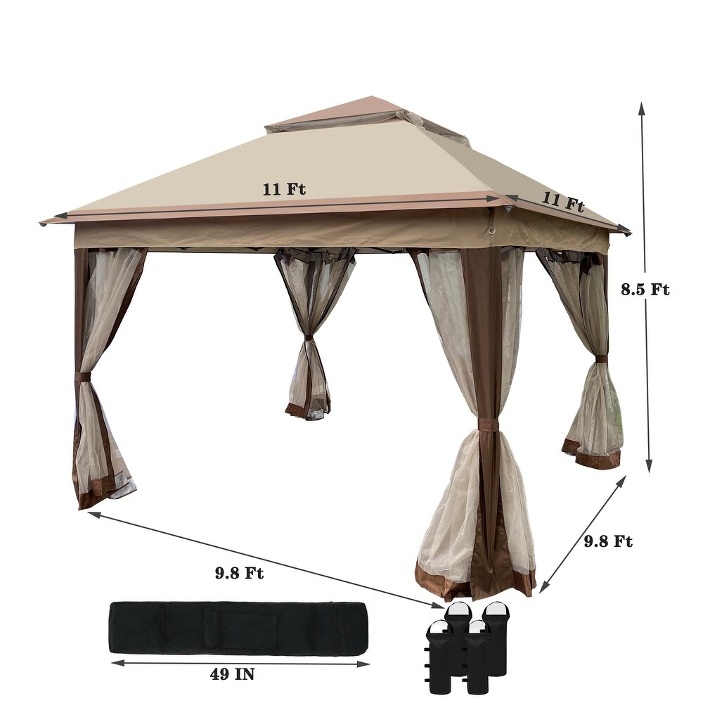 Coffee 11 x 11 ft Pop Up Gazebo with Removable Netting  Sandbags