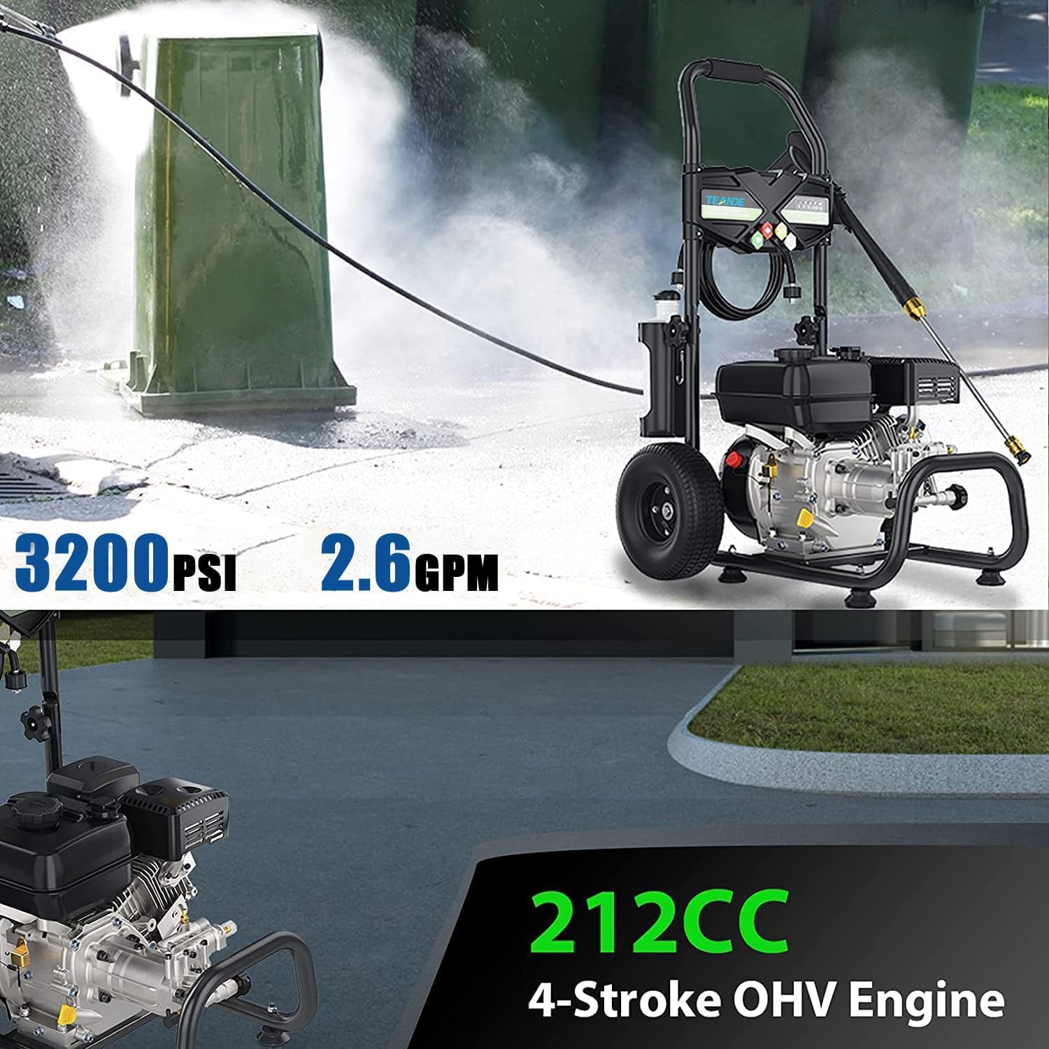 Gas Pressure Washer, 2.6GPM Commercial Power Washer Gas Powered, 212cc 7.0 HP Engine, Includes 0.7L Soap Tank, 5 QC Nozzles, 20’ Hose