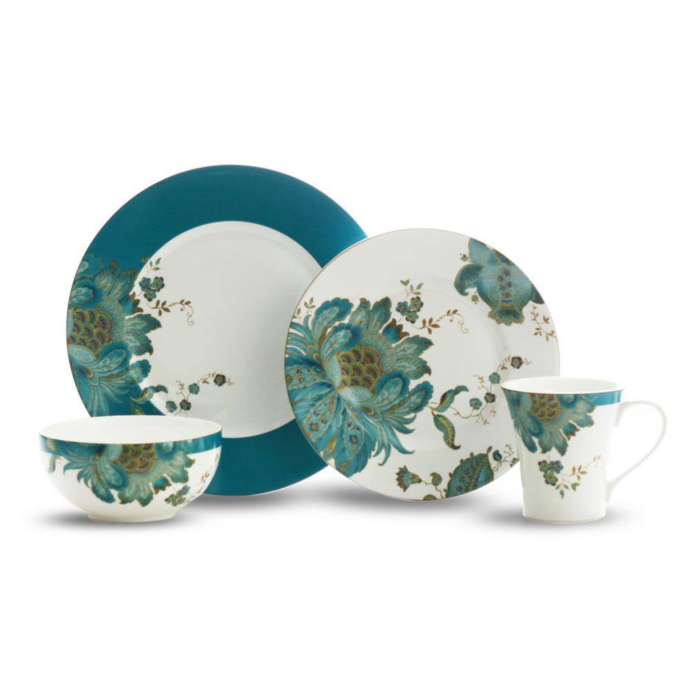 222 Fifth Eliza 16-Piece Casual Teal Porcelain Dinnerware Set (Service for 4) 1014TL803L1G97