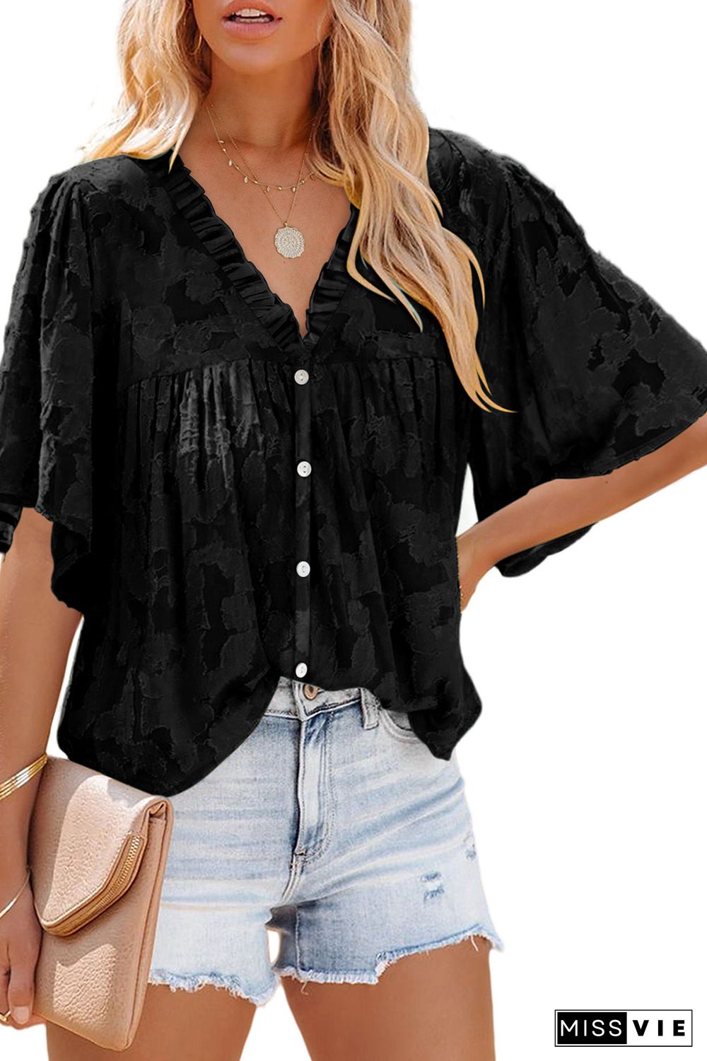 Black Floral Textured V Neck Buttoned Blouse