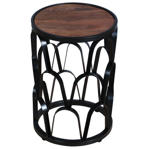 23 Inch End Side Table， Round Mango Wood Top， Lattice Cut Out Iron Frame， Brown， Black