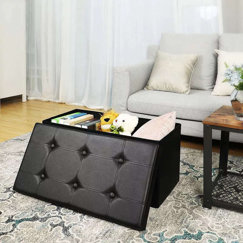 30 Inches Faux Leather Folding Storage Ottoman Bench， Storage Chest Coffee Table Padded Seat