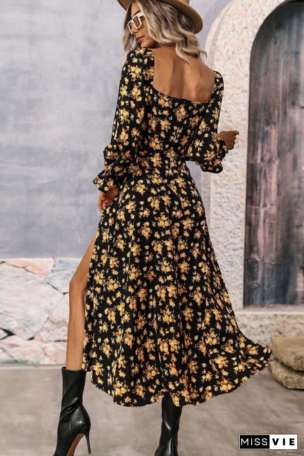 Floral Printed Square Neck Split Collar High Split Maxi Dress