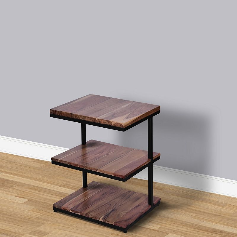 Industrial End Table with 3 Tier Wooden Shelves and Metal Frame， Brown and Black