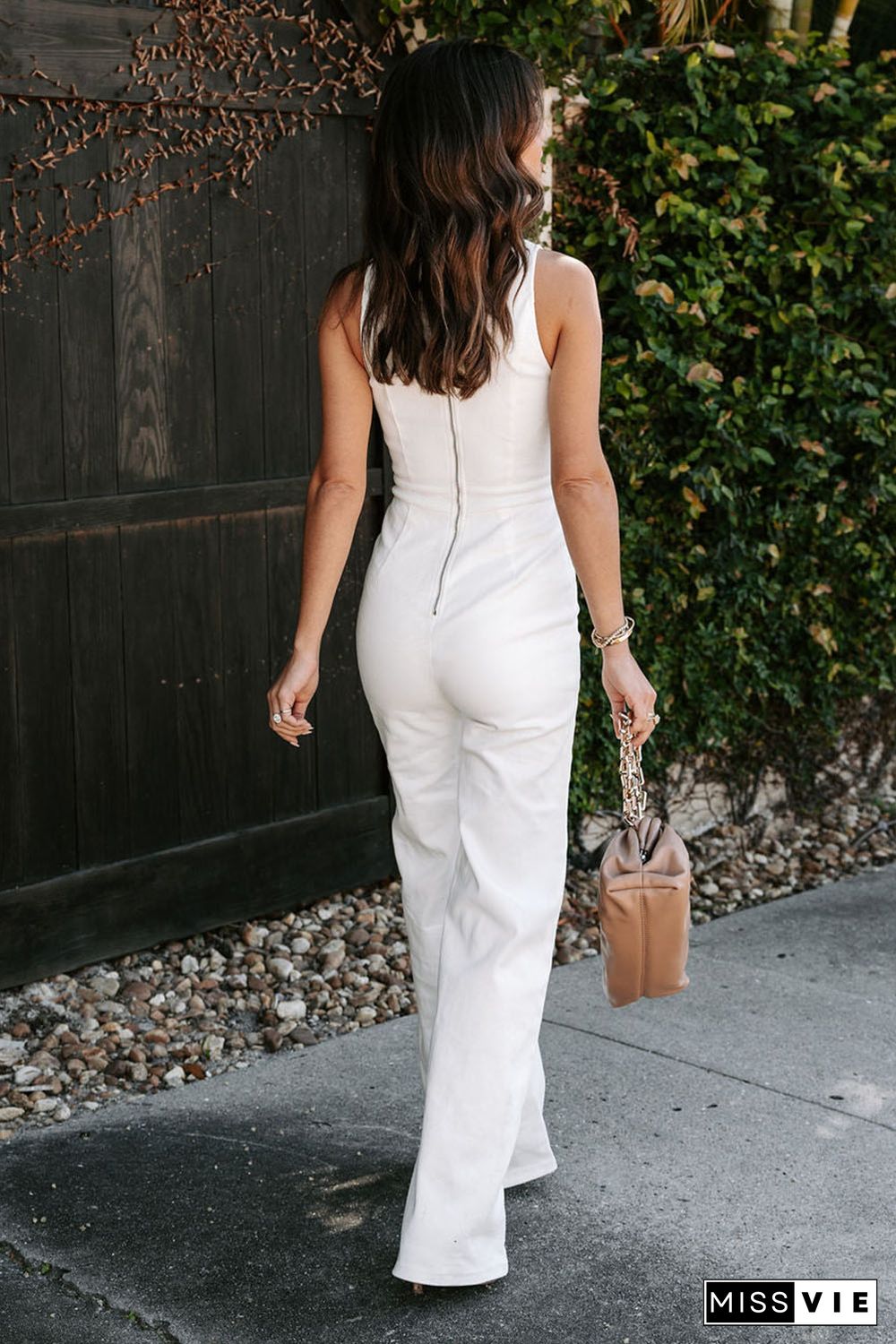 White High Waist Back Zip Wide Leg Sleeveless Jumpsuit