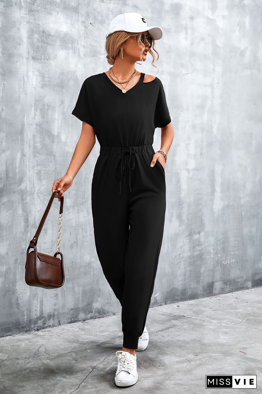 Cut Shoulder Drawstring Waist Sleeveless Jumpsuit