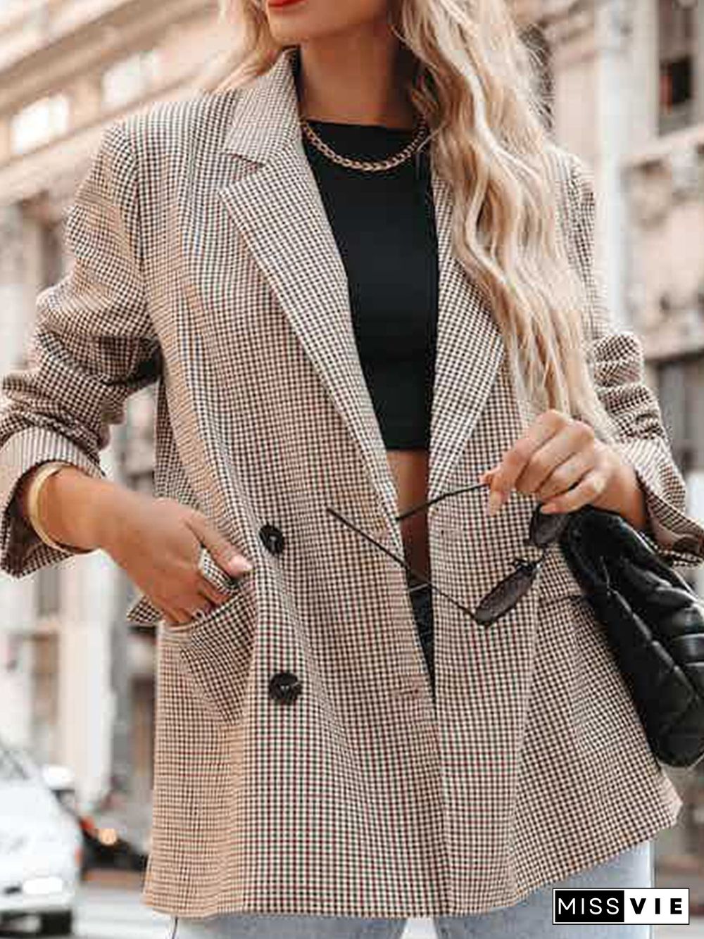 Women Casual Houndstooth Autumn Lightweight Daily Loose Best Sell Shawl Collar Regular Size Blazer