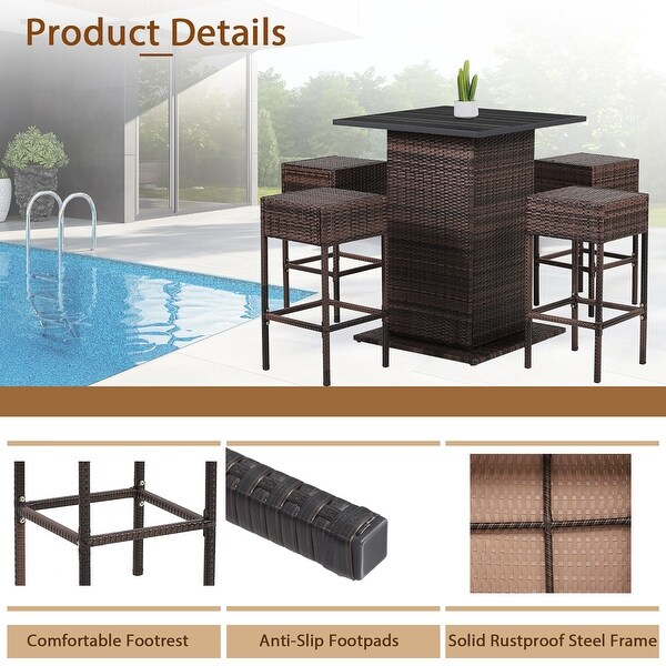 Gymax 5PCS Patio Bar Set Rattan Bar Furniture Set w/ Table and 4