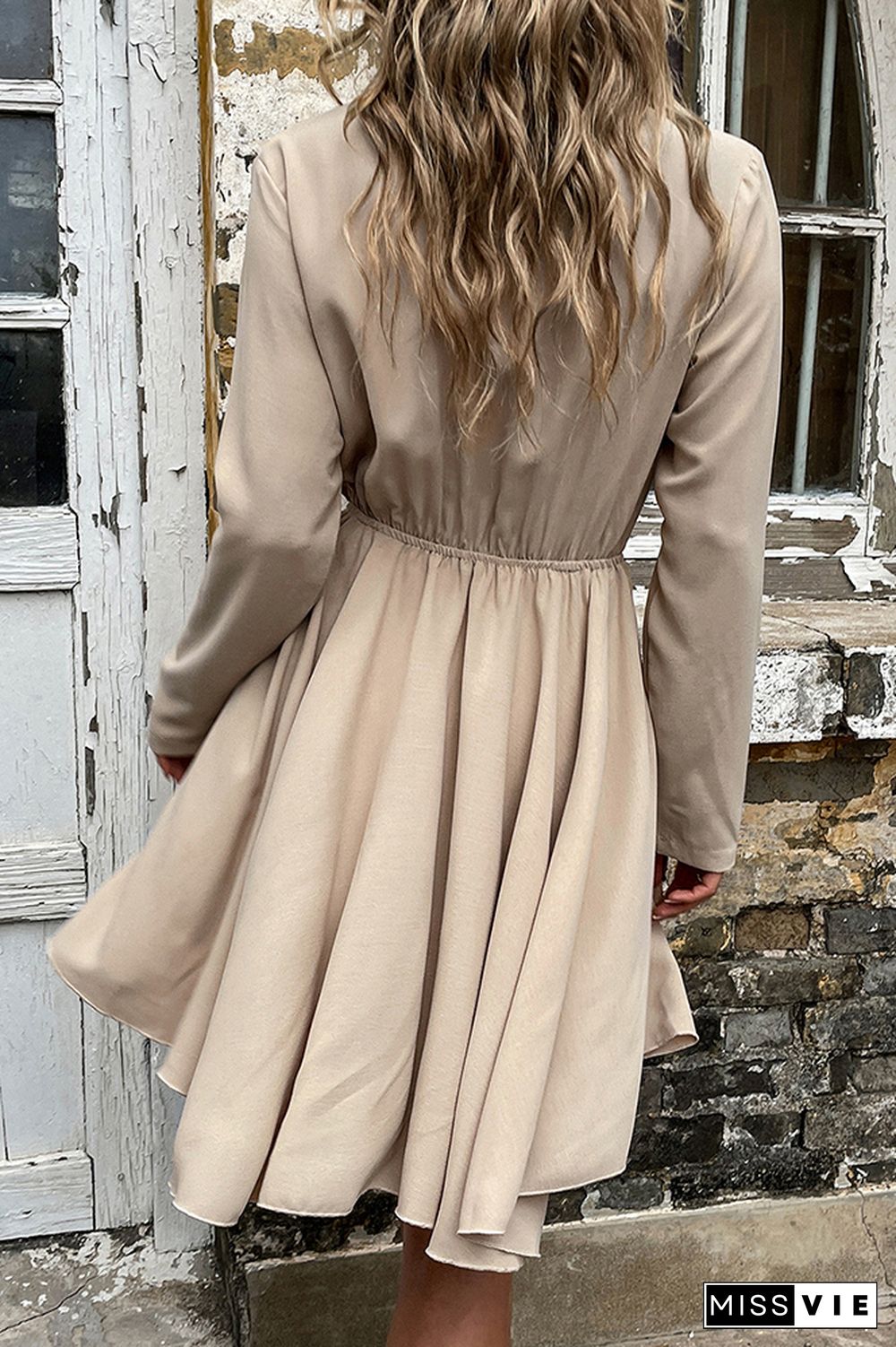 Khaki Half Sleeve V Neck Casual Dress Wholesale