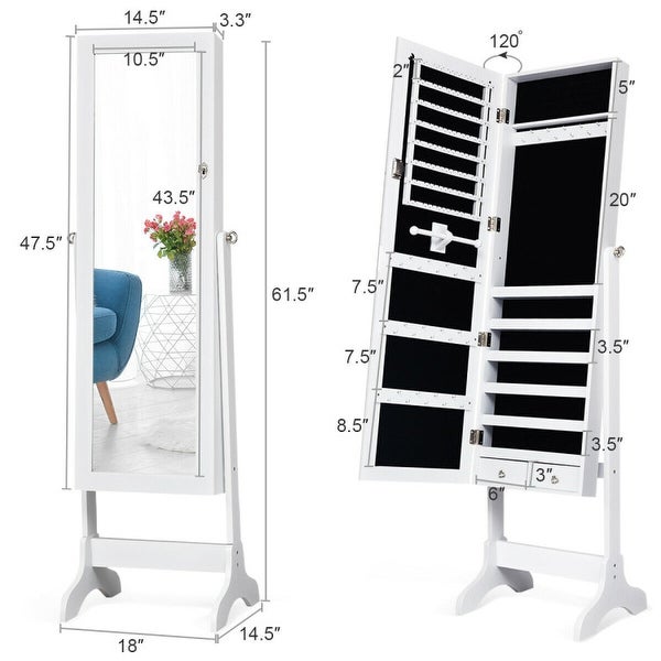 Lockable Mirrored Jewelry Cabinet Armoire Storage Organizer Box-White - White - 18'' x 14.5'' x 61.5'' (L x W x H) - - 37796226