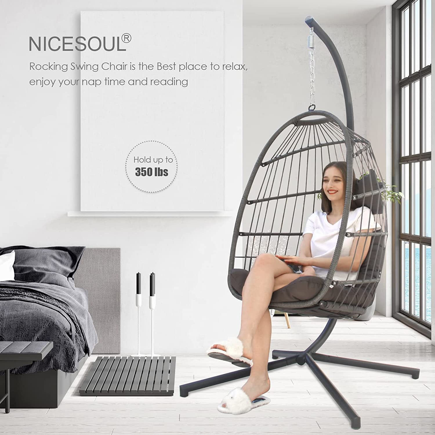 Nicesoul Swing Egg Chair Wicker Hanging Chair With Stand Color Dark Grey Maximum Weight 350lbs