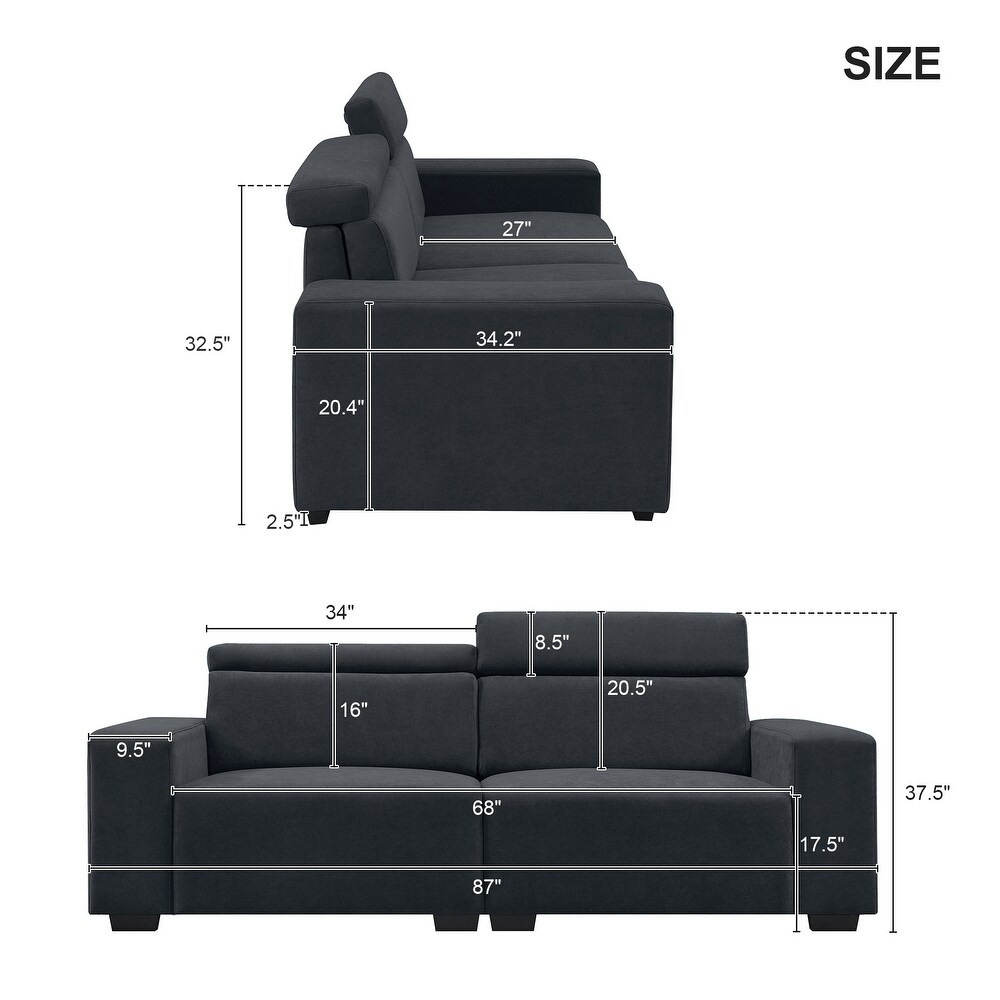 2 in1 Chaise Lounge Sofa Velvet Sectional Loveseat with Adjustable Headrest  Livingroom Loveseat Sleeper  Recliner Settee  Black