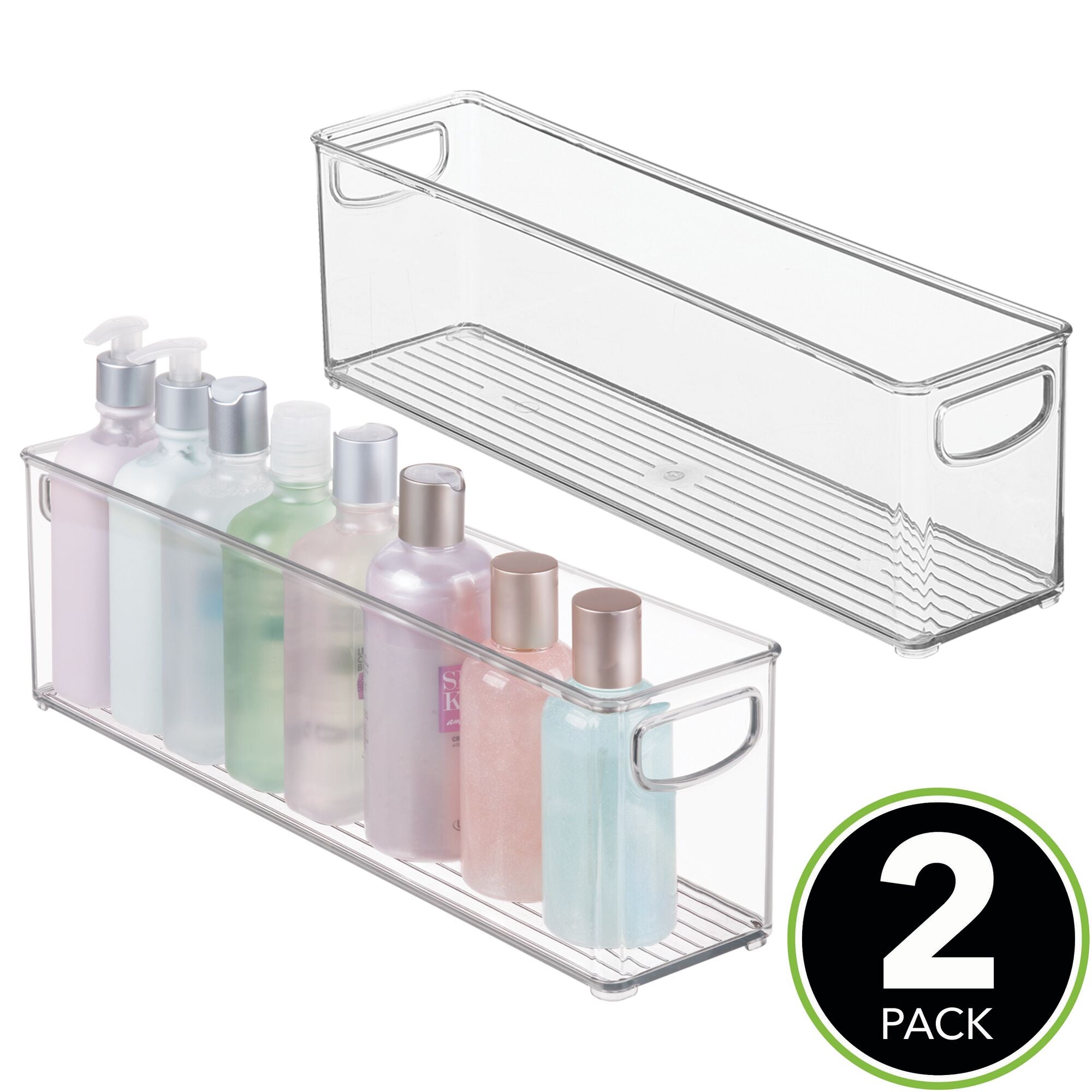 mDesign Plastic Bathroom Organizer - Storage Holder Bin with Handles for Vanity, Cupboard, Cabinet Shelf, Linen or Hallway Closets, Holds Styling Tools, Beauty Products, or Toiletries - 2 Pack - Clear