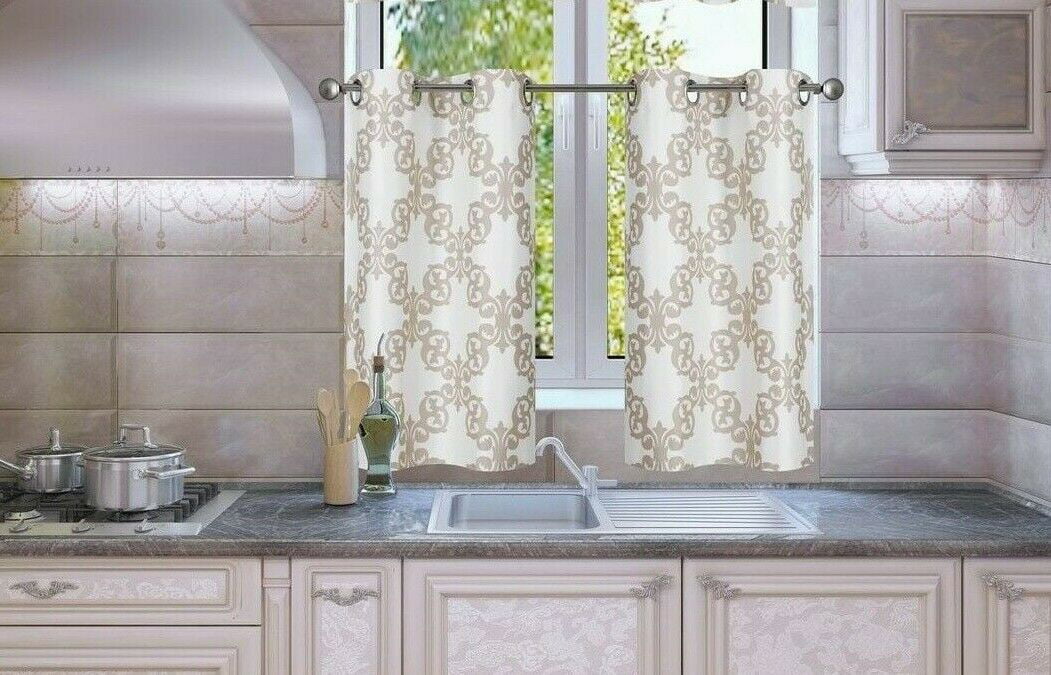 2 PC TIER PANELS VALANCE BLACKOUT LINED CURTAINS GROMMETS30 X 36 EACH PANEL LIVING ROOM， KITCHEN， BEDROOM WINDOW TREATMENT BATHROOM PRINT DESING TIER VALANCE RETA TAUPE