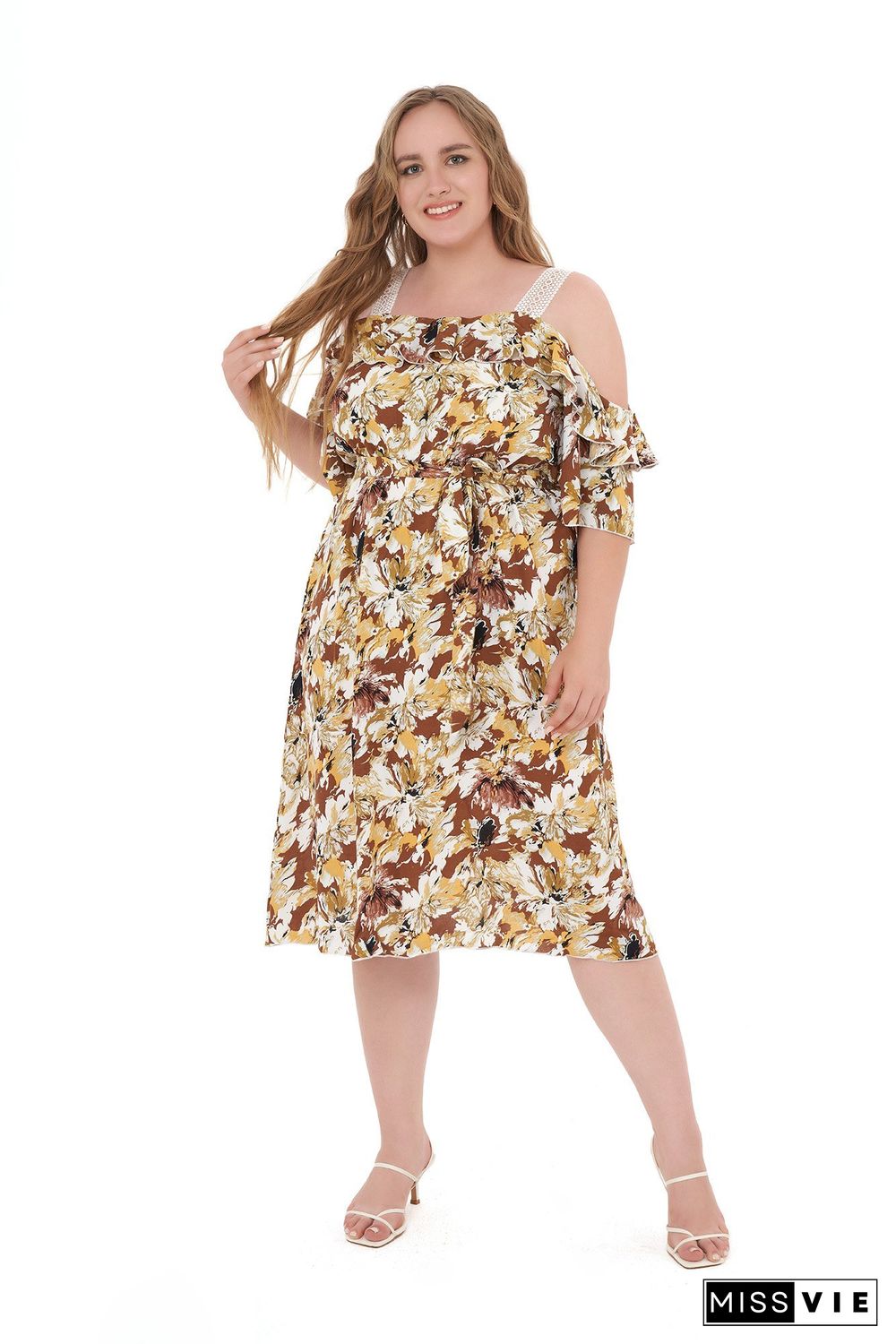 Floral Print Off-shoulder Midi Dress P11885