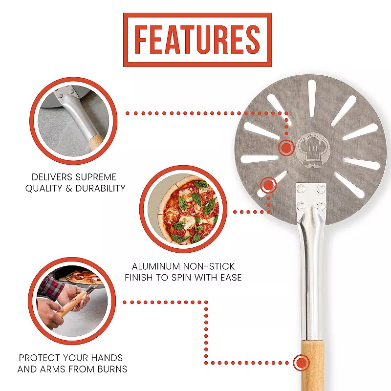 Chef Pomodoro Aluminum Turning Pizza Peel With Detachable Wood Handle For Easy Storage (7-inch)