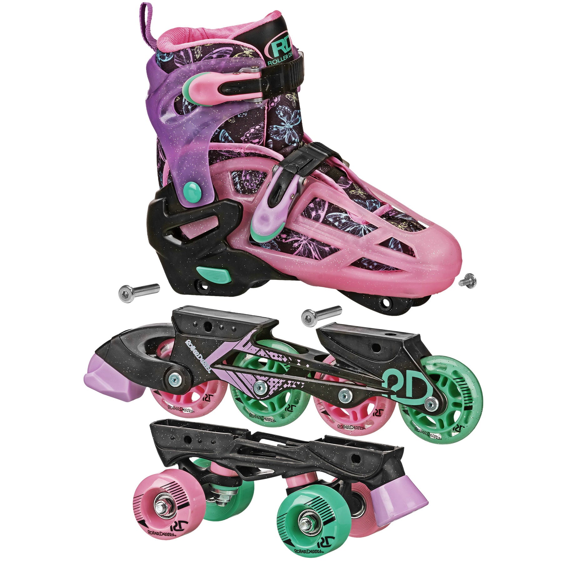 Roller Derby Sprinter Girl's 2-in-1 Quad Roller and Inline Skates Combo, Butterfly (Size 3-6)