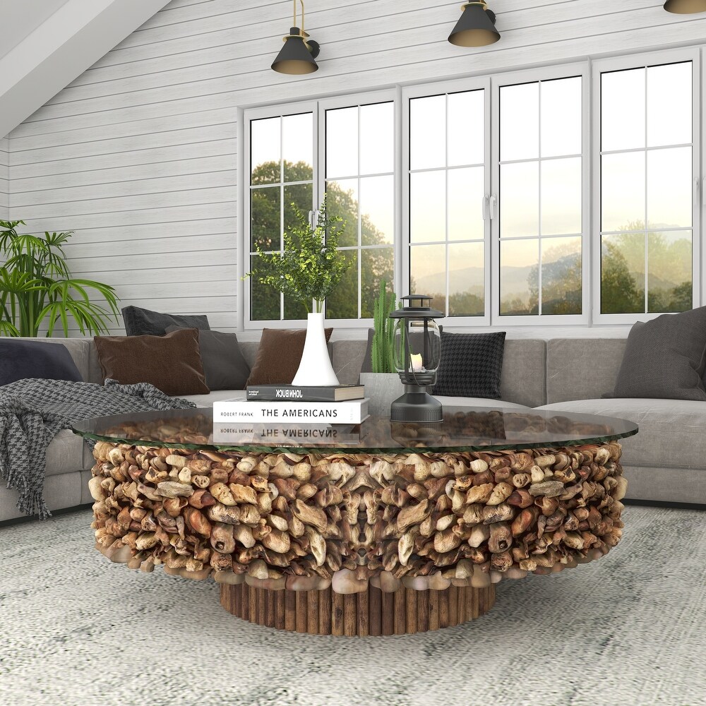 Brown Driftwood Handmade Collage and Pedestal Base Coffee Table with Tempered Glass Top   48\