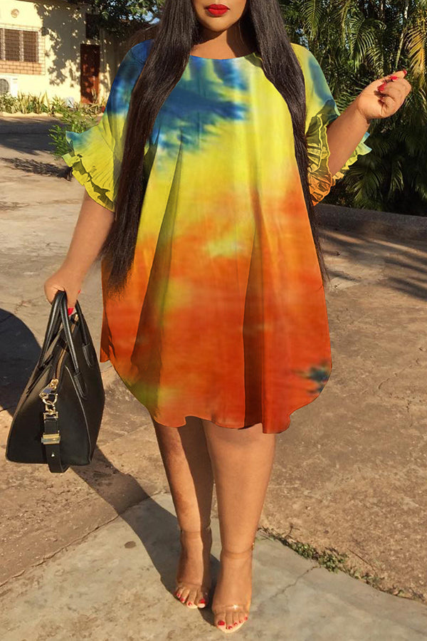 Plus Size Tie Dye Half Ruffle Sleeve Midi Dress