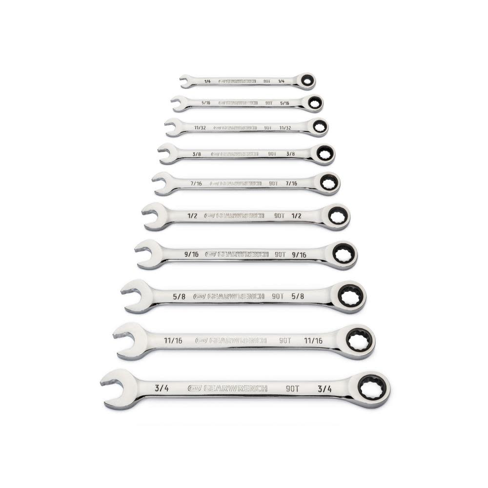 10 Pc. 90T 12 Point SAE Combination Ratcheting Wrench Set