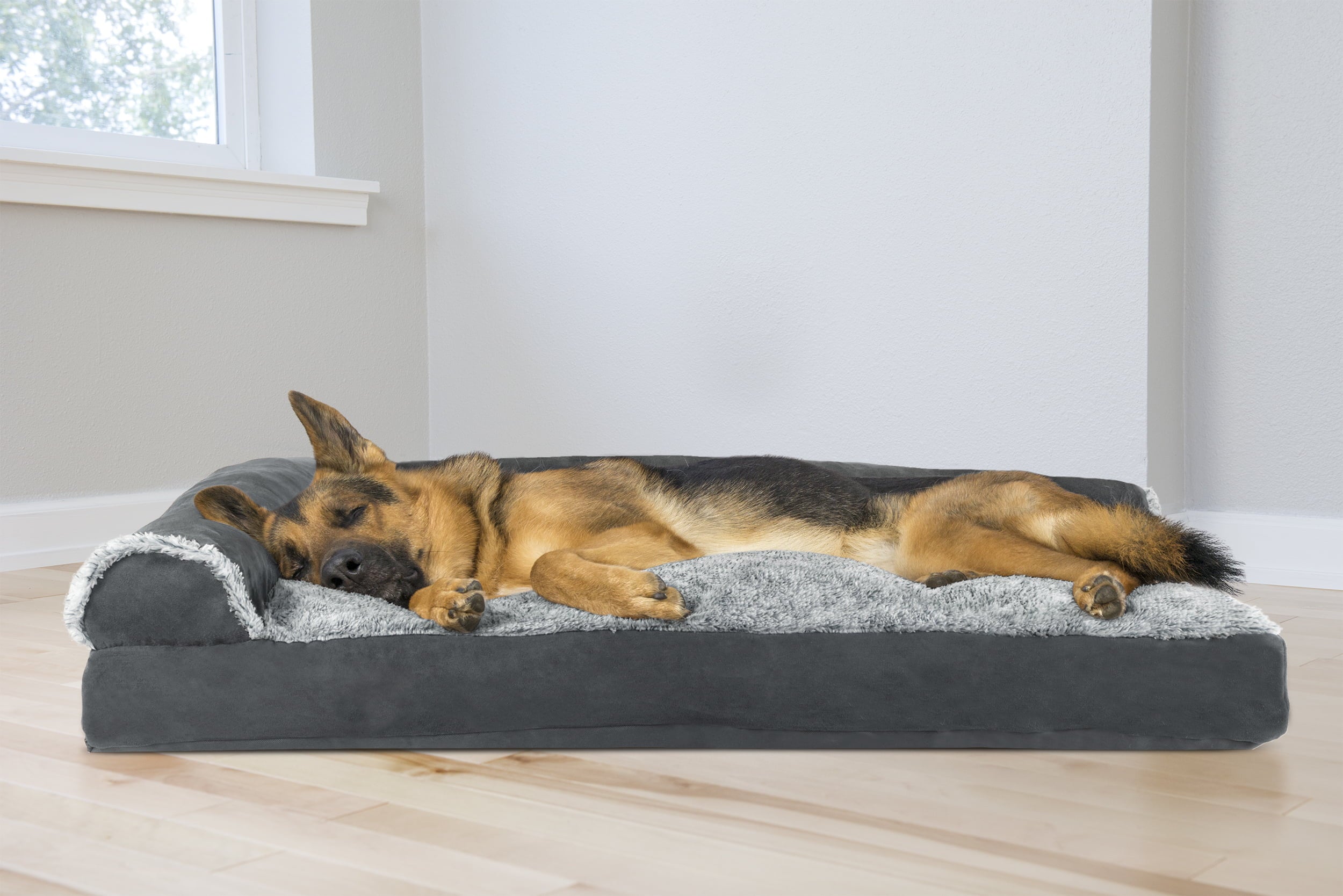 FurHaven Pet Products | Faux Fur & Suede Chaise Lounge Pillow Sofa-Style Pet Bed for Dogs & Cats, Stone Gray, Jumbo