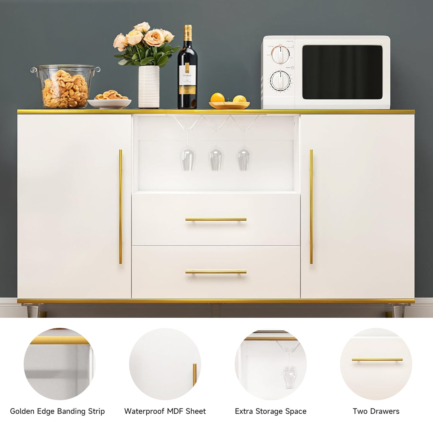 Buffet Cabinet High Glossy Kitchen Sideboard Cabinet with Drawers, Wine Glass Holder, Adjustable Shelf