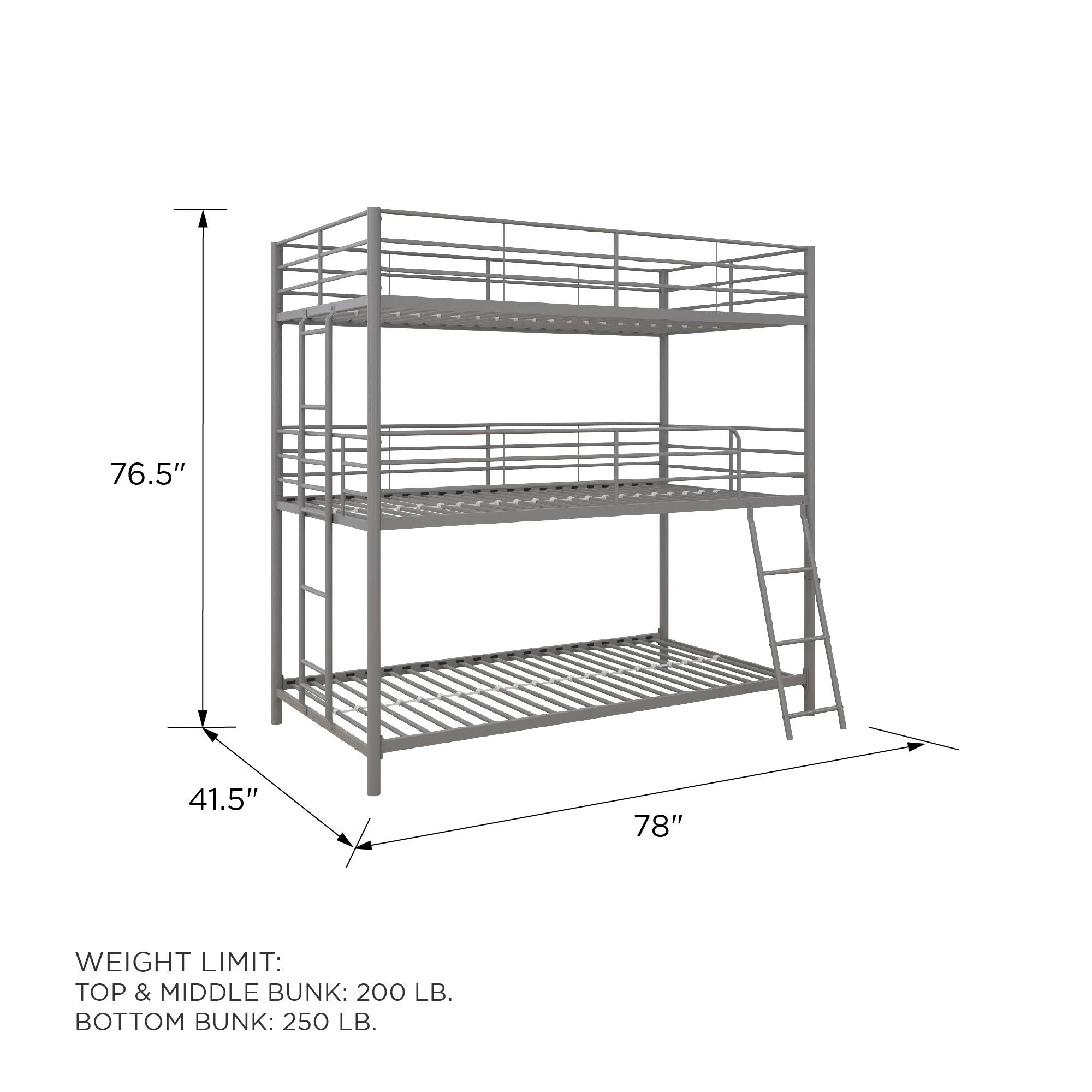 DHP Everleigh Triple Metal Bunk Bed, Twin/Twin/Twin, Bed for Kids, Silver