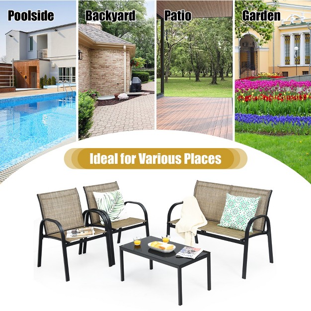 Costway 4 Pcs Patio Furniture Set Sofa Coffee Table Steel Frame Garden Brown