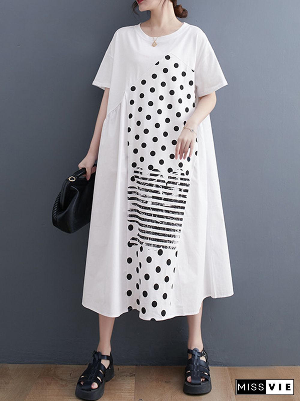 Irregularity Oversize Printed Striped Polka-Dot Split-Joint Round-Neck Midi Dresses