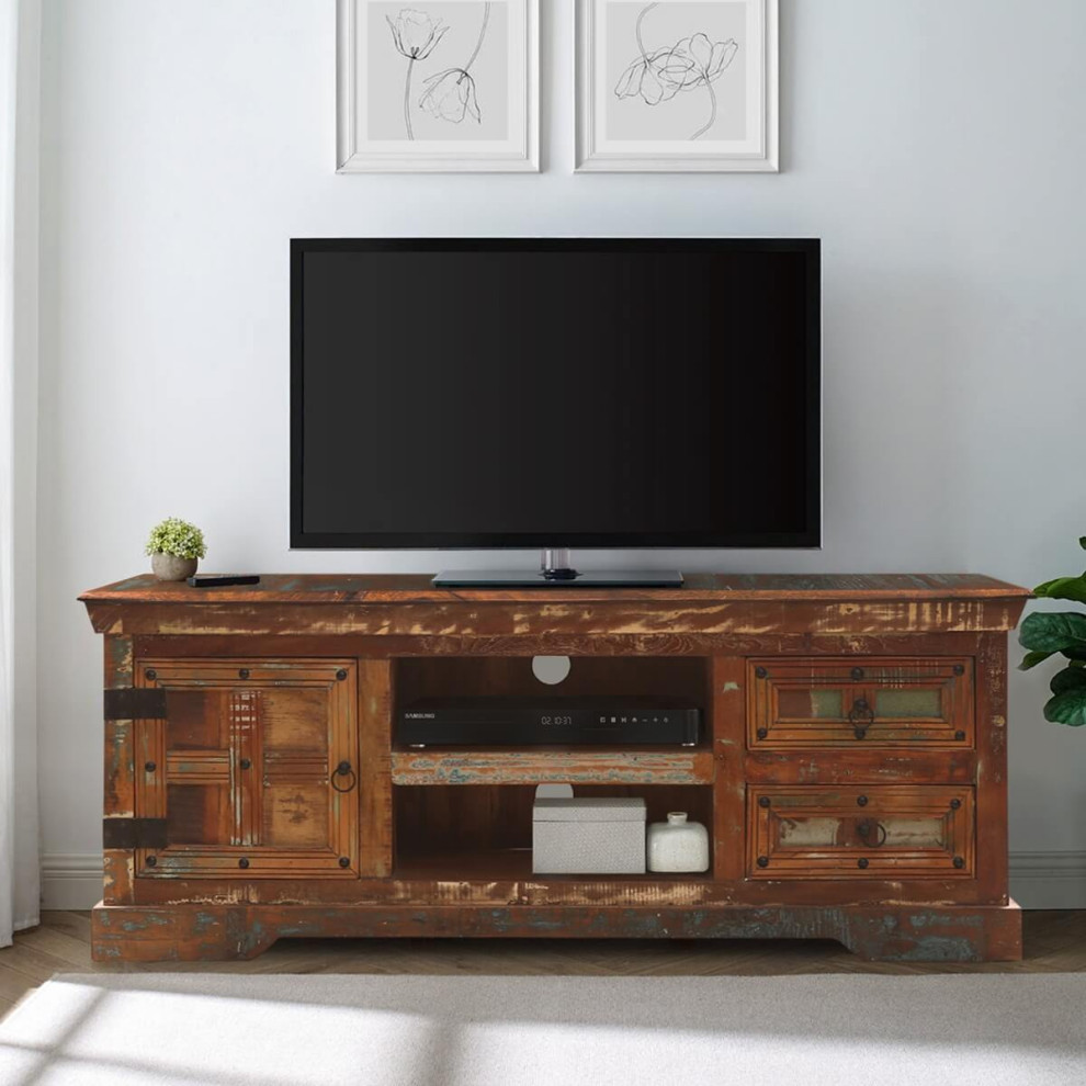 Walstonburg Hand carved Reclaimed Wood 60 Inch TV Stand Media Console   Farmhouse   Entertainment Centers And Tv Stands   by Sierra Living Concepts Inc  Houzz